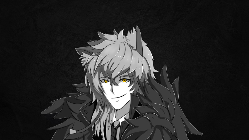 1boy absurdres animal_ears arknights asymmetrical_hair black_background english_commentary english_text fur-trimmed_sleeves fur_trim highres ichi10art looking_at_viewer male_focus meme monochrome monochrome_background necktie ricardo_milos silverash_(arknights) solo yellow_eyes
