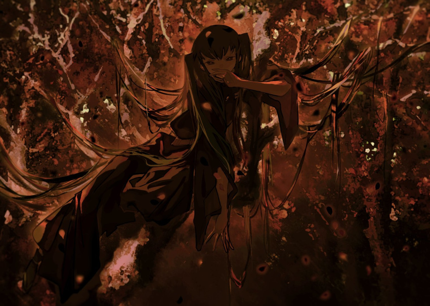 1boy bangs black_legwear black_pants branch brown_theme covering_mouth dappled_sunlight demon_slayer_uniform fishcoooo full_body green_hair hand_over_own_mouth in_tree kimetsu_no_yaiba long_hair long_sleeves looking_at_viewer lying male_focus nature on_side pants petals plant solo sunlight tabi tokitou_muichirou tree very_long_hair vines wide_sleeves