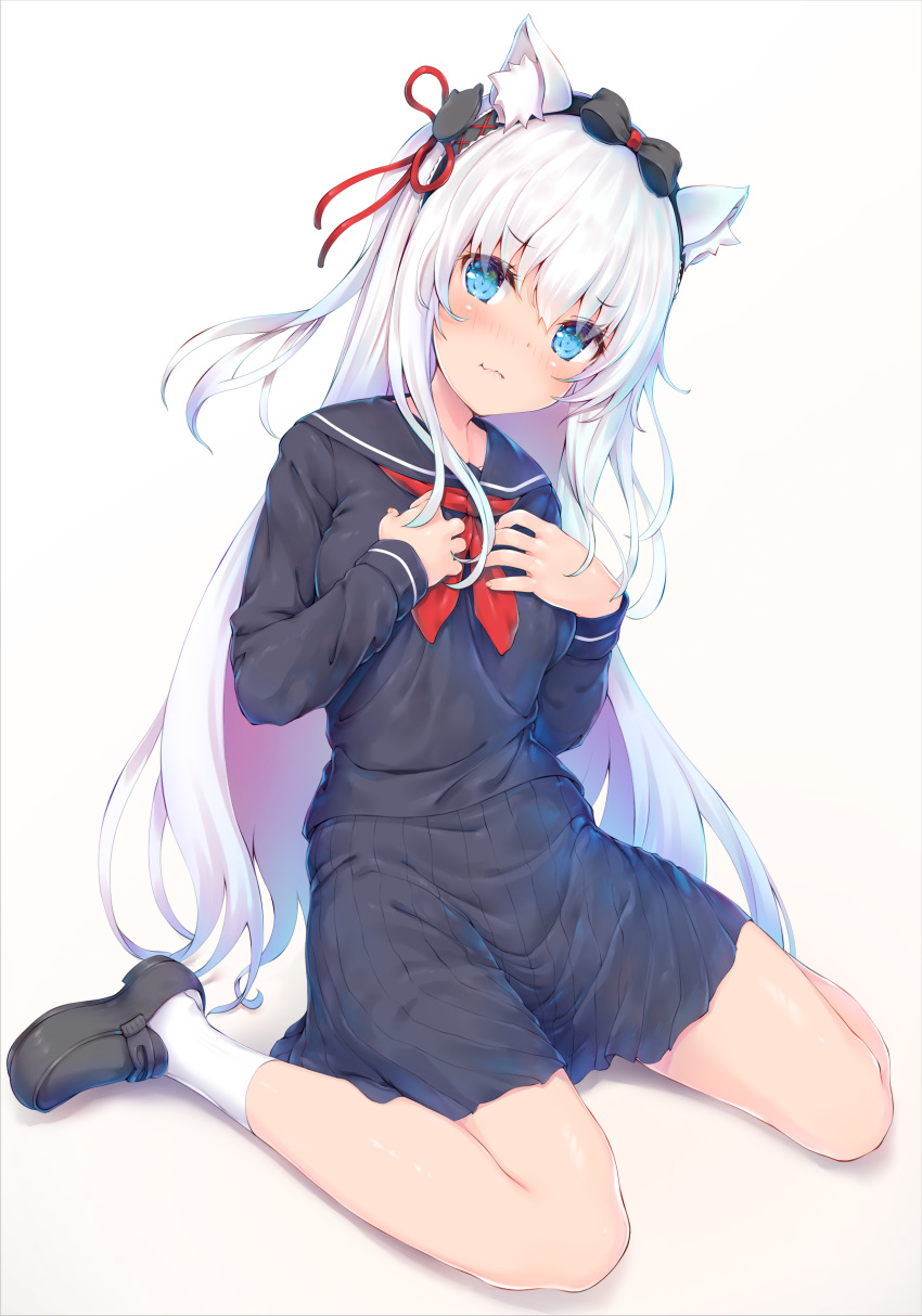 1girl absurdres akyorapenyo animal_ear_fluff animal_ears azur_lane bangs black_bow black_footwear black_sailor_collar black_serafuku black_shirt black_skirt blue_eyes blush bow breasts cat_ears cat_hair_ornament closed_mouth commentary_request eyebrows_visible_through_hair full_body gradient gradient_background grey_background hair_between_eyes hair_bow hair_ornament hair_ribbon hammann_(azur_lane) head_tilt highres loafers long_hair long_sleeves looking_at_viewer multicolored_hair neckerchief pleated_skirt purple_hair red_neckwear red_ribbon ribbon sailor_collar school_uniform serafuku shirt shoes silver_hair sitting skirt socks solo two-tone_hair very_long_hair wariza white_background white_legwear