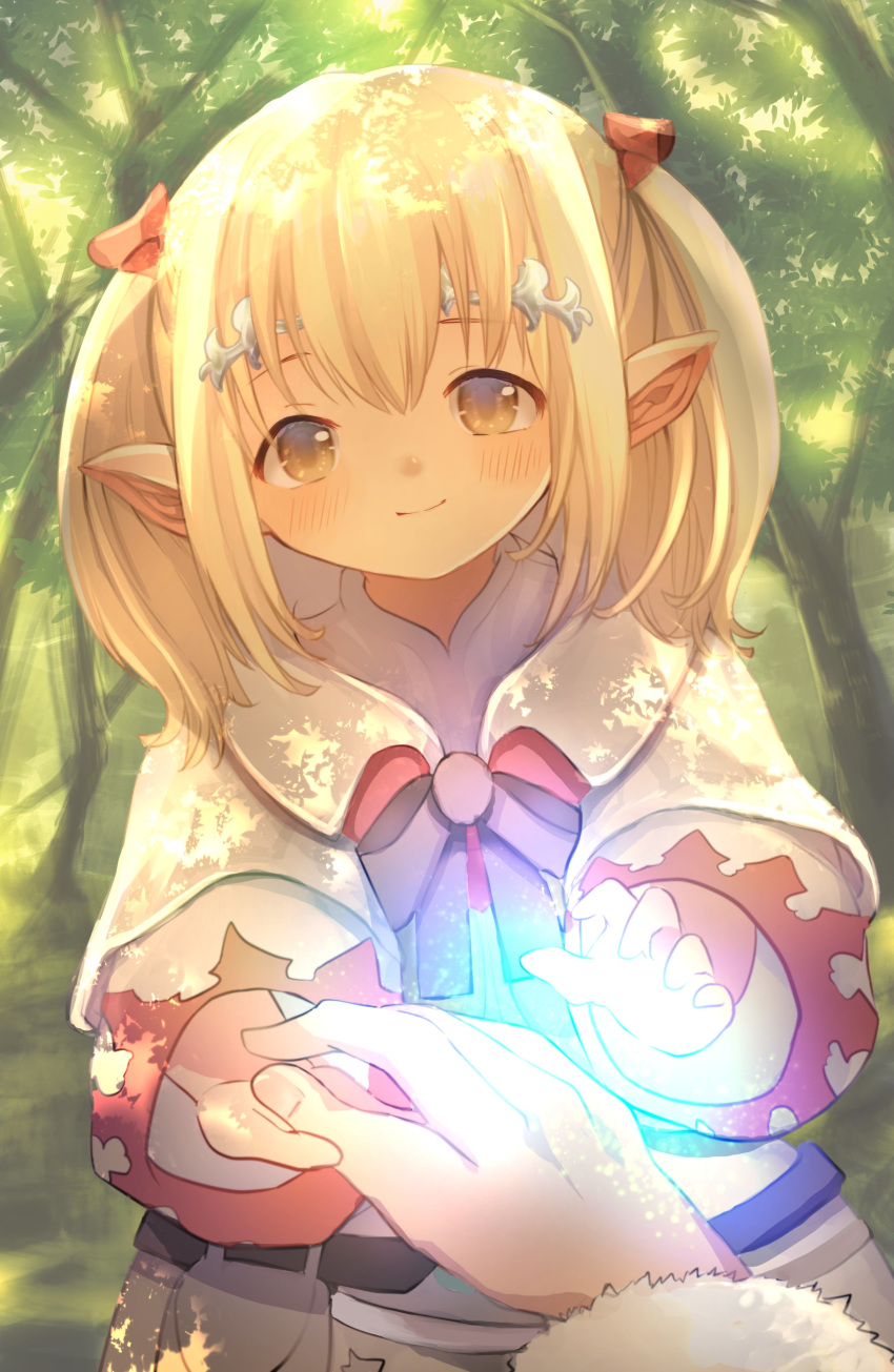 1girl absurdres bangs belt black_bow blonde_hair blush bow branch brown_eyes coat final_fantasy final_fantasy_xiv forest fur_trim hair_bow healing highres holding_hands lalafell lamitt looking_at_viewer magic medium_hair nature outdoors pouch pov red_bow shade sidelocks smile sunlight tree twintails umika35 white_coat white_mage wide_sleeves