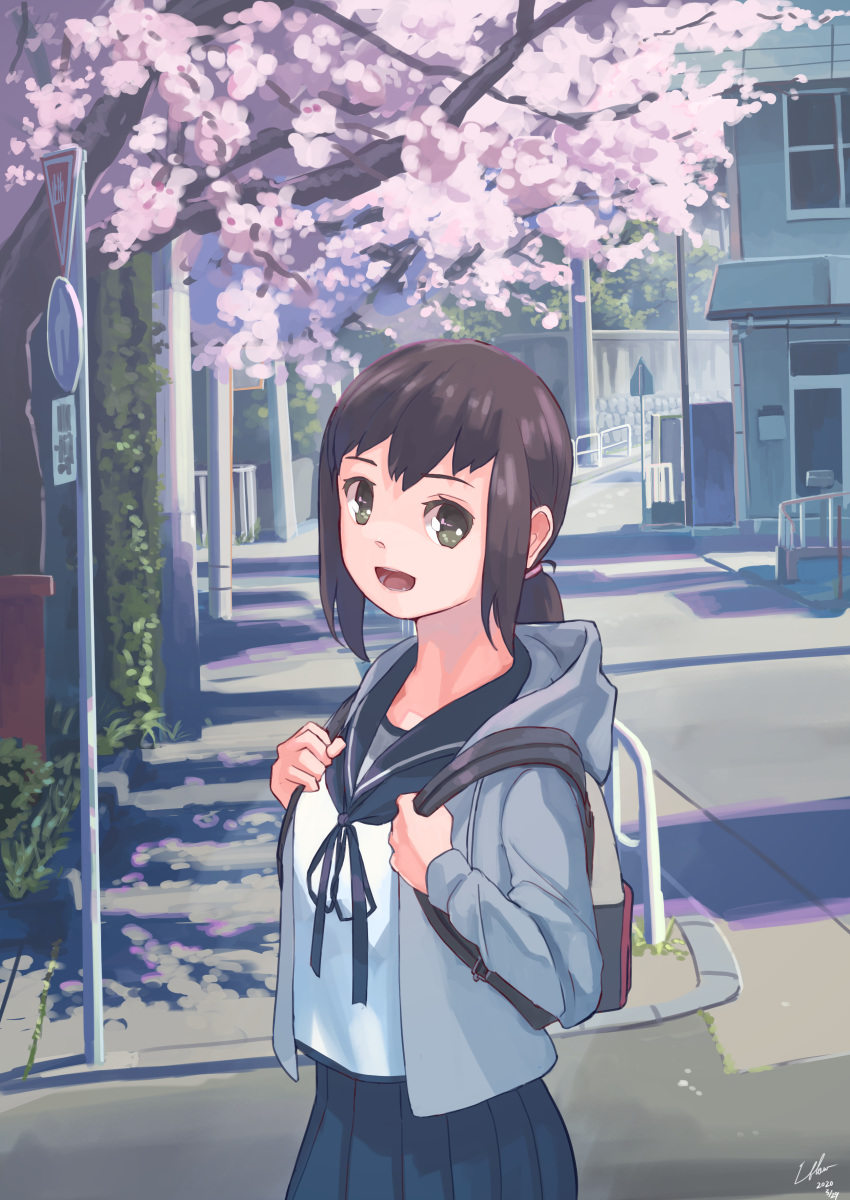 1girl :d absurdres backpack bag black_eyes black_hair blue_skirt cherry_blossoms fubuki_(kantai_collection) grey_sweater highres hood hooded_sweater kantai_collection looking_at_viewer low_ponytail open_mouth outdoors pleated_skirt road road_sign school_uniform serafuku short_ponytail sidelocks sign skirt smile solo street sweater tree utachy