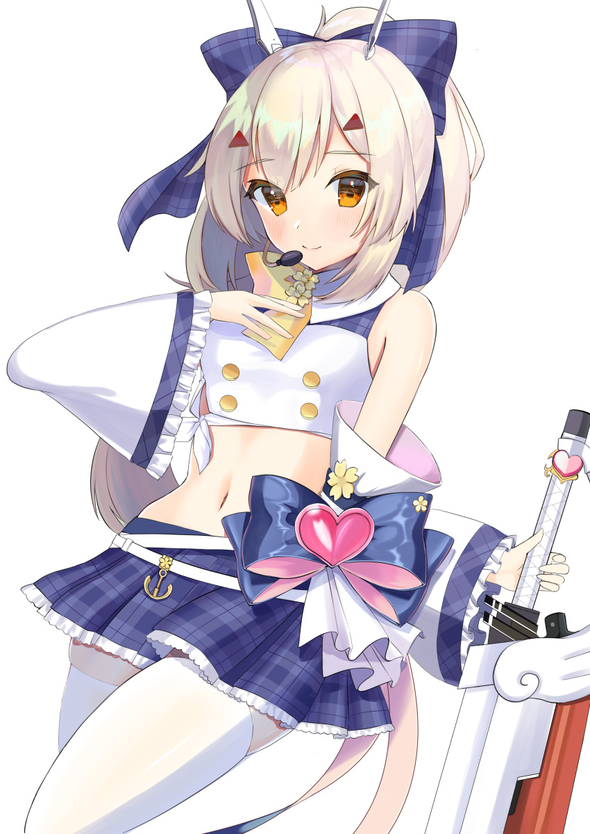 1girl absurdres ayanami_(azur_lane) ayanami_(troubled_star_idol)_(azur_lane) azur_lane bow breasts chan'nu closed_mouth cowboy_shot crop_top detached_sleeves double-breasted eyebrows_visible_through_hair flower frilled_skirt frilled_sleeves frills hair_bow hand_on_own_chest headpiece heart highres long_hair looking_at_viewer medium_breasts midriff miniskirt navel orange_eyes plaid plaid_bow plaid_skirt silver_hair simple_background skindentation skirt smile solo sword thigh-highs triangle_hair_ornament weapon white_background white_legwear wide_sleeves wing_ornament