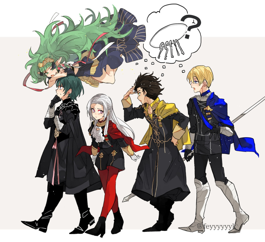 2girls 3boys ankle_boots armor black_gloves blonde_hair blue_cape blue_eyes blue_hair boots braid brown_hair byleth_(fire_emblem) byleth_eisner_(male) cape claude_von_riegan commentary crossed_arms dimitri_alexandre_blaiddyd dress edelgard_von_hresvelg feyyyyyyk fire_emblem fire_emblem:_three_houses from_side garreg_mach_monastery_uniform gloves green_eyes green_hair grey_background hair_ornament highres holding key keychain knee_boots long_hair long_sleeves multiple_boys multiple_girls open_mouth pantyhose polearm red_cape red_legwear ribbon_braid short_hair simple_background sothis_(fire_emblem) tiara twin_braids twitter_username uniform violet_eyes weapon white_gloves white_hair yellow_cape