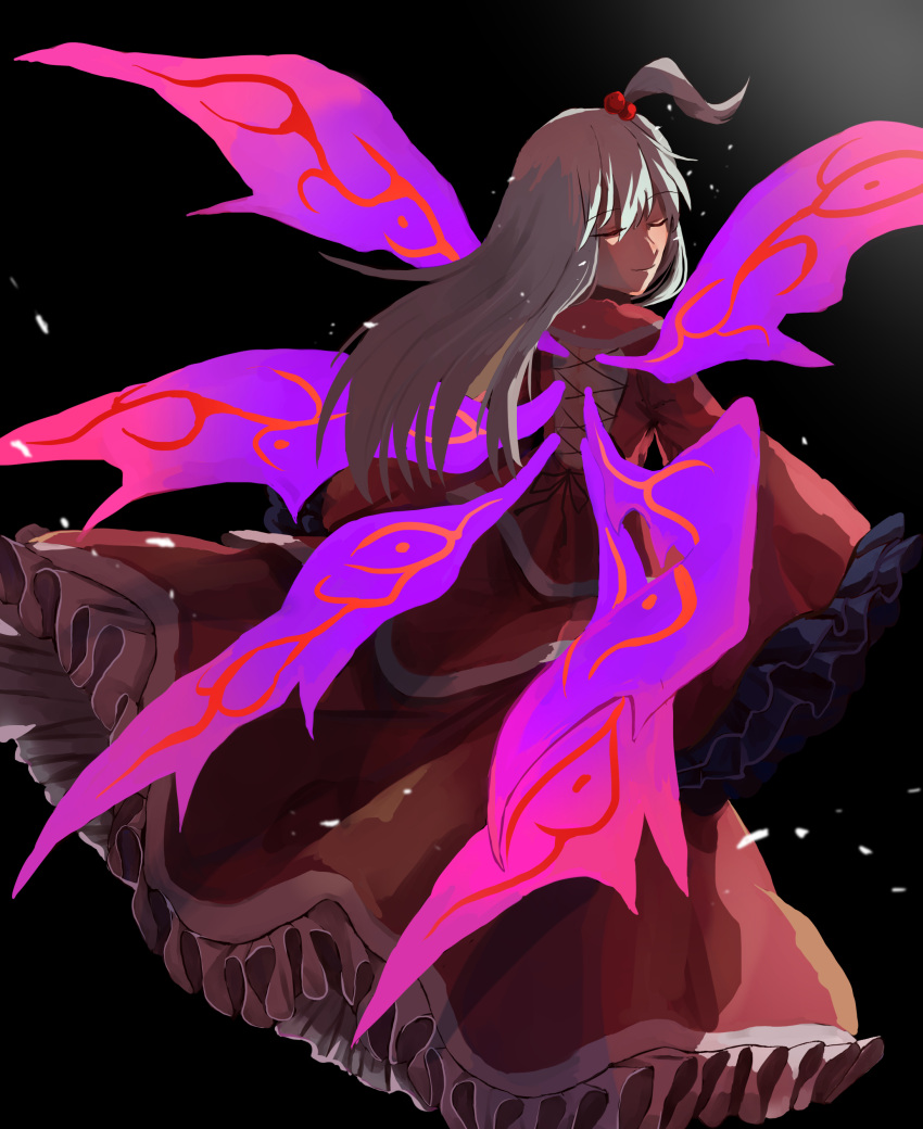 1girl absurdres bare_back closed_eyes dress eyebrows_visible_through_hair frilled_dress frilled_sleeves frills hair_bobbles hair_ornament highres kuma_xylocopa long_dress long_hair long_sleeves multiple_wings red_dress shinki_(touhou) side_ponytail sleeves_past_fingers sleeves_past_wrists smile touhou touhou_(pc-98) white_hair wide_sleeves wings