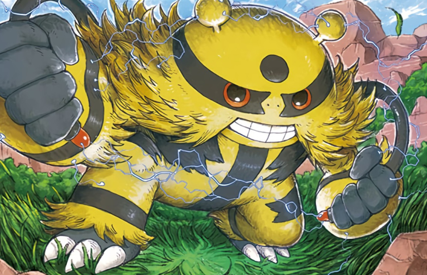 blue_sky claws clenched_hands commentary creature day electivire electricity english_commentary full_body gen_4_pokemon grass koizumi_tetsuya looking_at_viewer multiple_sources no_humans official_art outdoors pokemon pokemon_(creature) pokemon_trading_card_game rock sky solo standing third-party_source