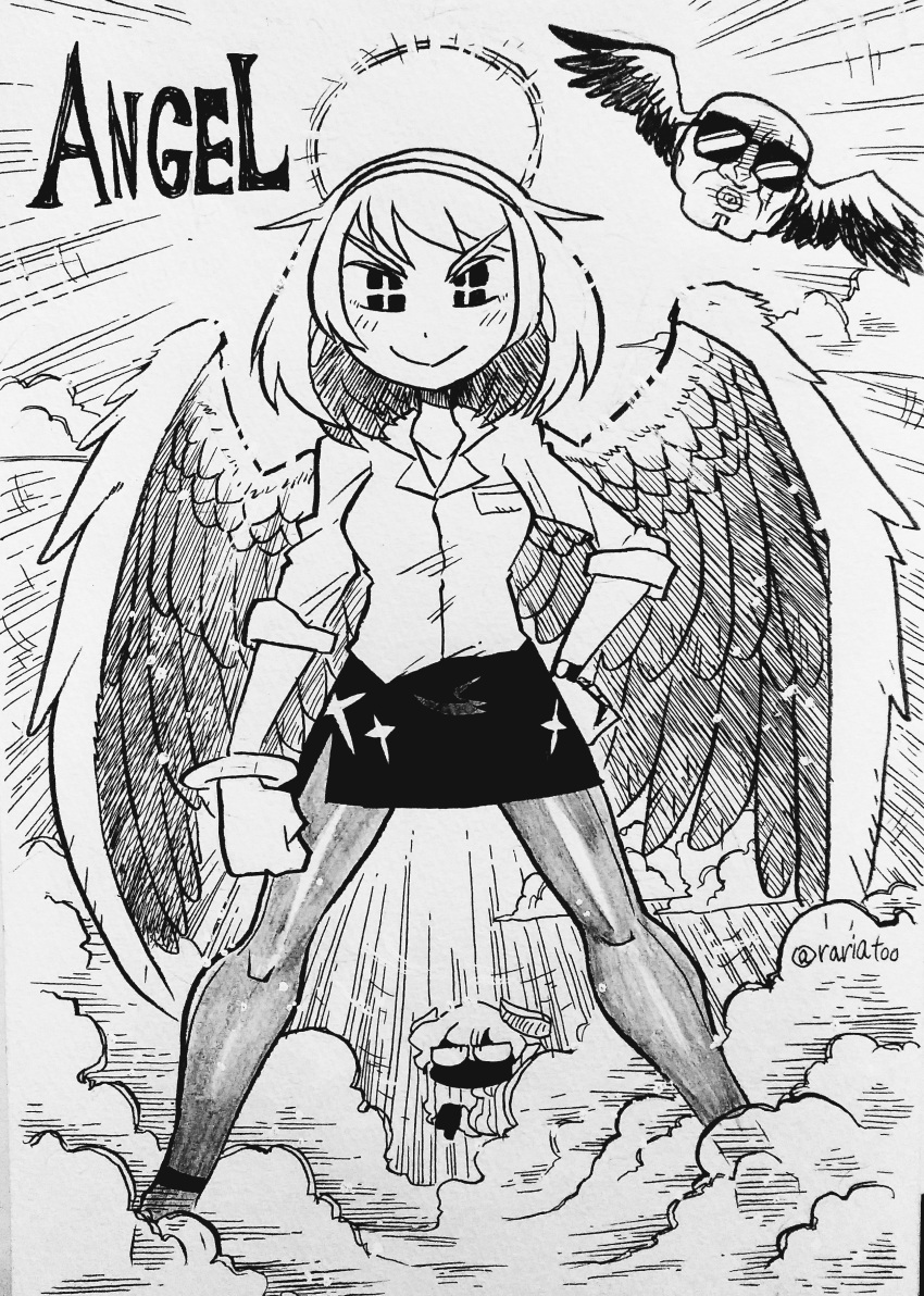 +_+ 2girls absurdres aldegon_(rariatto) angel_wings blush clenched_hands closed_mouth collared_shirt commentary dot_nose dress_shirt english_commentary feathered_wings greyscale hairband halo hand_on_hip highres ink_(medium) inktober legs_apart looking_at_viewer miniskirt monochrome multiple_girls original pantyhose pencil_skirt rariatto_(ganguri) shirt short_hair skirt smile solo_focus sunglasses thumbs_down traditional_media twitter_username watch watch wing_collar wings