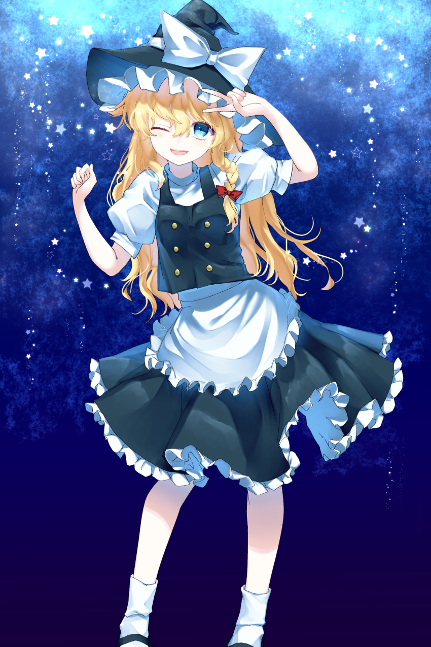 1girl ;d alternate_eye_color apron arms_up black_footwear black_skirt black_vest blonde_hair blue_background blue_eyes braid commentary contrapposto feet_out_of_frame gradient gradient_background hair_between_eyes hair_ribbon hand_on_own_forehead hat hat_ribbon highres kirisame_marisa kisamu_(ksmz) leaning_to_the_side long_hair one_eye_closed open_mouth petticoat puffy_short_sleeves puffy_sleeves ribbon shirt short_sleeves single_braid skirt smile socks solo standing star starry_background touhou tress_ribbon upper_teeth v very_long_hair vest waist_apron white_legwear white_shirt witch_hat