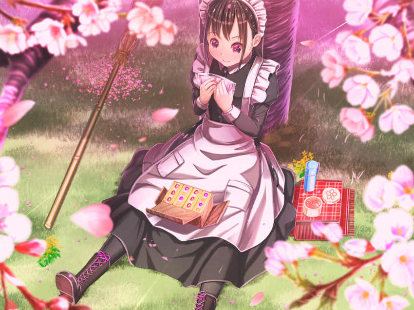 1girl abo_(kawatasyunnnosukesabu) bad_perspective bamboo_broom blurry_foreground broom brown_hair cake cherry_blossoms commentary_request food maid maid_headdress original outdoors pantyhose partial_commentary picnic sitting solo thermos