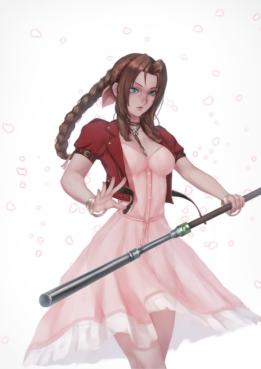 1girl absurdres aerith_gainsborough bluecup bolo_tie bow bracelet braid breasts brown_hair cropped_jacket dress final_fantasy final_fantasy_vii final_fantasy_vii_remake glowing_petals green_eyes hair_bow highres jacket jewelry looking_at_viewer materia medium_breasts necklace petals pink_dress red_jacket serious simple_background solo staff weapon