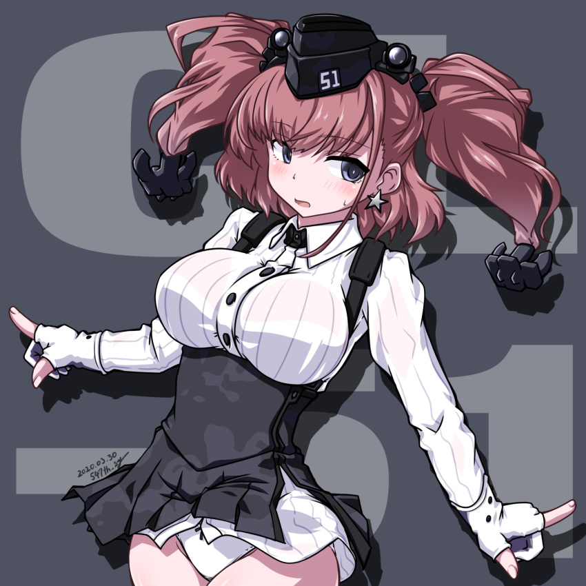 1girl 547th_sy anchor_hair_ornament atlanta_(kantai_collection) background_text bangs black_eyes blush breasts brown_hair camouflage dated earrings eyebrows_visible_through_hair garrison_cap gloves hair_ornament hat high-waist_skirt highres jewelry kantai_collection large_breasts long_hair long_sleeves open_mouth panties partly_fingerless_gloves single_earring skirt solo star star_earrings suspender_skirt suspenders sweat two_side_up underwear white_panties