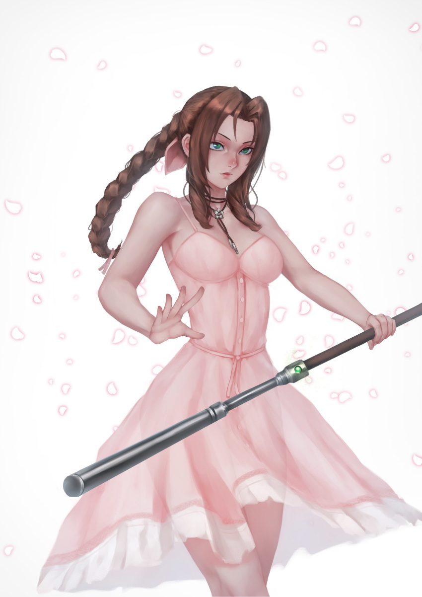 1girl absurdres aerith_gainsborough bare_arms bare_shoulders bluecup bolo_tie bow bracelet braid breasts brown_hair dress final_fantasy final_fantasy_vii final_fantasy_vii_remake glowing_petals green_eyes hair_bow highres jewelry looking_at_viewer materia medium_breasts necklace petals pink_dress serious simple_background solo staff weapon