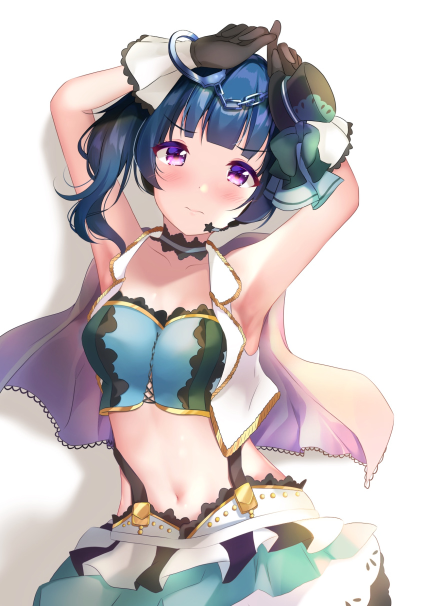 1girl armpits arms_up bangs black_headwear blue_hair blunt_bangs blush breasts collarbone crop_top cuffs depe eyebrows_visible_through_hair gloves half_gloves hand_on_own_head handcuffs hat highres looking_at_viewer love_live! love_live!_sunshine!! medium_breasts microphone mini_hat mini_top_hat navel red_eyes side_ponytail simple_background skirt sleeveless suspender_skirt suspenders top_hat tsushima_yoshiko upper_body vest white_background white_skirt white_vest