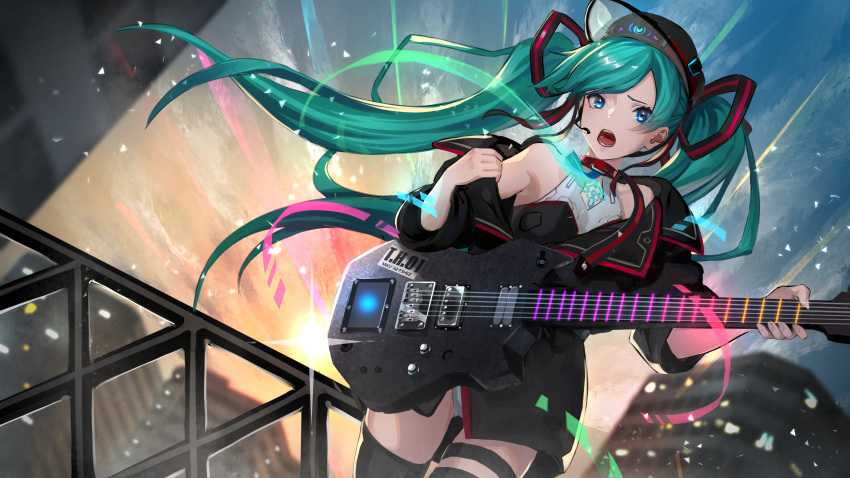1girl absurdres aqua_hair asagon007 black_coat black_headwear black_legwear blue_eyes breasts coat collar cowboy_shot dutch_angle floating_hair hat hatsune_miku headset highres holding holding_instrument instrument long_hair looking_at_viewer medium_breasts microphone off_shoulder open_mouth panties shiny shiny_hair solo standing thigh-highs thigh_strap twintails underwear very_long_hair vocaloid white_panties