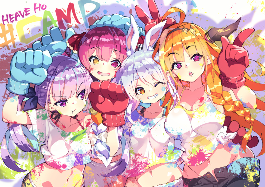4girls :d :t ahoge arm_up bangs black_hairband black_pants blonde_hair blue_gloves blue_hair blue_ribbon blush bow braid brown_eyes brown_hair bunny-shaped_pupils closed_mouth collarbone commentary_request crop_top eyebrows_visible_through_hair fujishima-sei_ichi-gou gloves grin hair_bow hair_ribbon hairband hand_on_another's_head heterochromia highres hololive horns houshou_marine index_finger_raised kiryuu_coco long_hair midriff minato_aqua multicolored_hair multiple_girls navel off-shoulder_shirt off_shoulder one_eye_closed open_mouth paint_on_face paint_splatter pants pout purple_hair red_gloves red_ribbon ribbon ringlets shadow shirt short_eyebrows short_sleeves smile streaked_hair symbol-shaped_pupils thick_eyebrows twin_braids twintails two-tone_hair usada_pekora v-shaped_eyebrows very_long_hair violet_eyes virtual_youtuber white_bow white_hair white_shirt