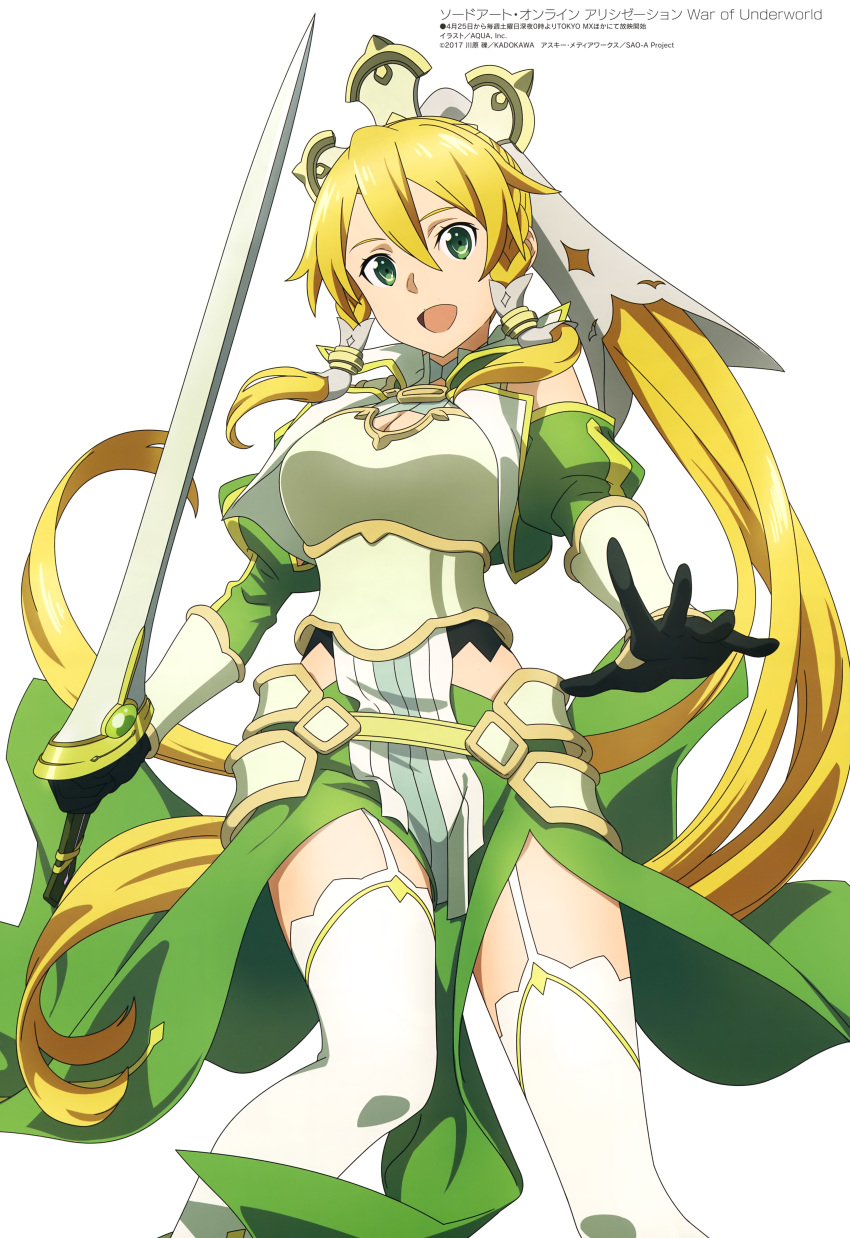 1girl absurdres aqua_inc. blonde_hair braid green_eyes highres holding holding_sword holding_weapon leafa long_hair looking_at_viewer megami official_art pointy_ears ponytail sword sword_art_online twin_braids very_long_hair weapon