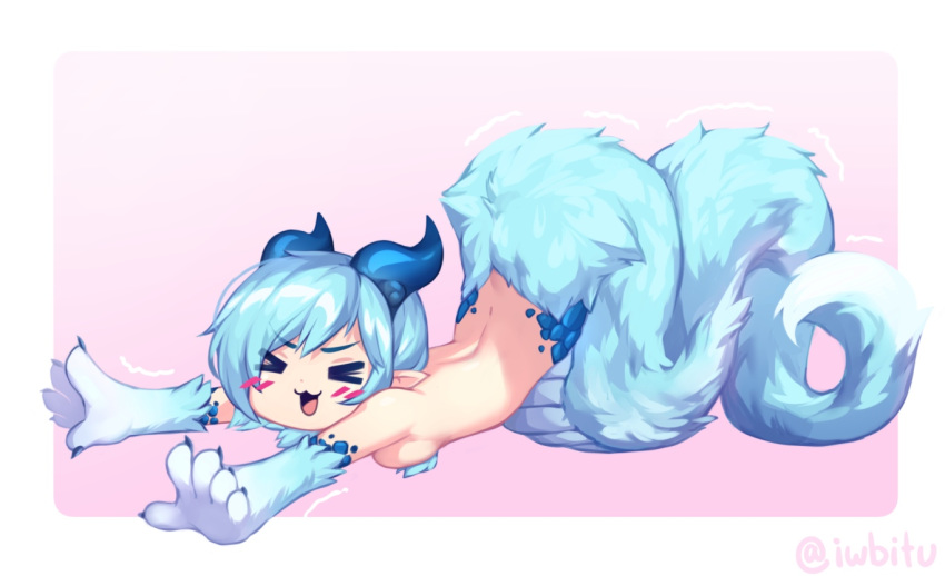 &gt;_&lt; 1girl :3 :d arched_back artist_name bangs blue_hair blush breasts chibi commentary commission english_commentary eyebrows_visible_through_hair flora_(mgl139) fluffy full_body fur horns iwbitu-sa lamia medium_breasts monster_girl nude open_mouth original paws pointy_ears scales smile solo stretch twitter_username x3 xd