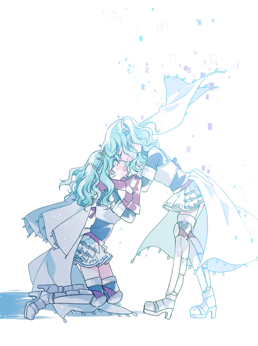 2girls ai-chan_(magia_record) armor armored_boots arms_around_neck ayumaru_(art_of_life) backlighting bangs blunt_bangs boots brown_gloves cape closed_eyes closed_mouth crying crying_with_eyes_open curly_hair dissolving eyebrows_visible_through_hair eyelashes flying_teardrops forehead-to-forehead from_side full_body futaba_sana gloves green_hair hand_on_another's_arm happy highres jewelry knee_pads kneeling layered_skirt leaning leaning_forward light_particles light_smile looking_at_another looking_up magia_record:_mahou_shoujo_madoka_magica_gaiden mahou_shoujo_madoka_magica multiple_girls open_mouth pearl_(gemstone) pearl_hair_ornament profile ribbed_sweater sad shadow sidelocks simple_background skirt sweater tears thigh-highs tiara turtleneck turtleneck_sweater twintails veil waist_cape white_background zettai_ryouiki