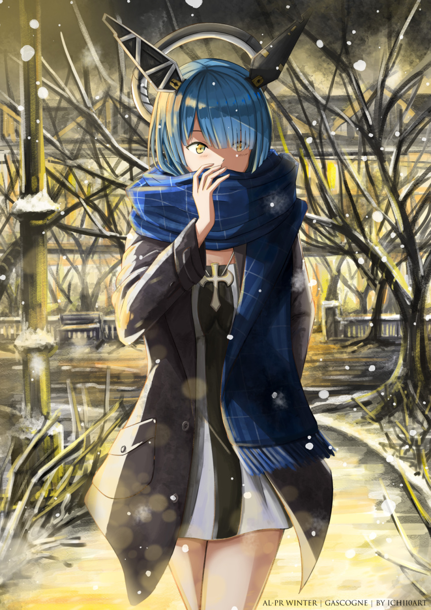 1girl artist_name azur_lane bare_tree black_coat blue_hair blue_scarf blush building character_name coat commentary cowboy_shot cross cross_necklace dress english_commentary gascogne_(azur_lane) headgear highres ichi10art jewelry long_sleeves looking_away necklace night open_clothes open_coat outdoors path scarf snow snowing solo tree yellow_eyes