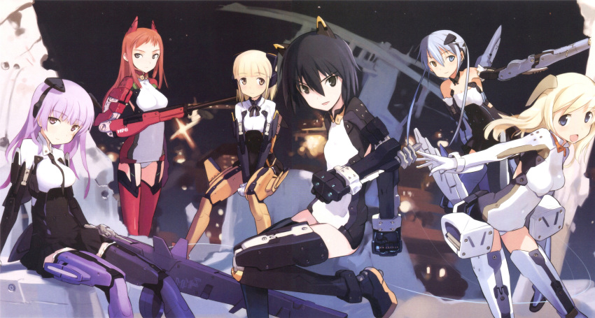 6+girls absurdres ageha_euridice_aust arm_cannon bangs bare_shoulders black_eyes black_hair blonde_hair blue_eyes blunt_bangs breasts brown_eyes detached_collar hair_between_eyes headgear heterochromia hibina_ingrid_adenauer highres joints kagerou_sabine_kurzringer large_breasts leotard light_blue_hair long_hair long_sleeves looking_at_viewer mechanical_legs multiple_girls neck_ribbon necktie purple_hair redhead ribbon scan scan_artifacts shimada_fumikane short_bangs short_hair sitting small_breasts suzutsuki_dietrich_schulz testament_spiegel tsubame_alicetel_schneider twintails weapon wrist_cuffs yuugiri_kunigunde_morenz