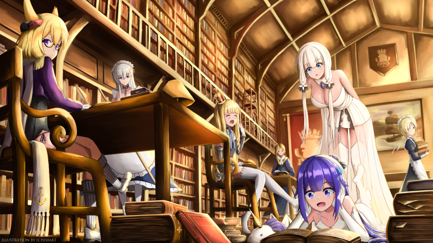 6+girls :/ :d :o apron arms_behind_back artist_name azur_lane belfast_(azur_lane) bespectacled blonde_hair blue_eyes blush book book_stack breasts brown_eyes chair closed_eyes closed_mouth collarbone commentary crossed_legs crown detached_collar dress elbow_gloves english_commentary english_text epaulettes eyebrows_visible_through_hair frilled_apron frills garter_straps glasses gloves hairband head_tilt highres hood_(azur_lane) ichi10art illustrious_(azur_lane) indoors kneehighs large_breasts leaning_forward library long_hair long_sleeves looking_at_viewer lying maid mini_crown mole mole_under_eye multiple_girls no_shoes on_floor on_stomach open_book open_mouth purple_hair queen_elizabeth_(azur_lane) quill scarf semi-rimless_eyewear sheffield_(azur_lane) shoes silver_hair sitting smile standing strapless strapless_dress striped striped_legwear table thigh-highs under-rim_eyewear unicorn_(azur_lane) v-shaped_eyebrows vertical-striped_legwear vertical_stripes very_long_hair violet_eyes warspite_(azur_lane) white_apron white_dress white_footwear white_gloves white_hair white_scarf yawning