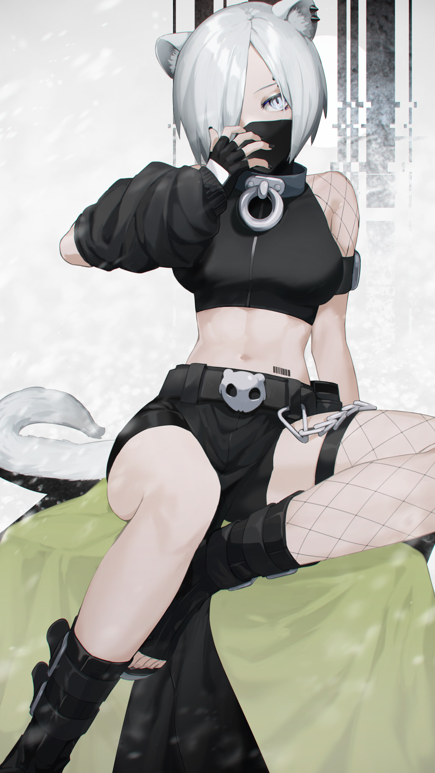 1girl animal_ear_fluff animal_ears arknights arm_warmers barcode_tattoo belt black_belt black_footwear black_gloves black_nails black_shirt boots chain collar commentary_request crop_top ear_piercing ferret_ears ferret_tail fingerless_gloves fishnet_legwear fishnets gloves grey_background grey_eyes hand_up head_tilt highres huge_filesize looking_at_viewer mask midriff mouth_mask nail_polish navel ninja_mask piercing shirayuki_(arknights) shirt short_hair silver_hair single_thighhigh sitting solo stomach tail tattoo thigh-highs thighs toeless_boots wakahiko