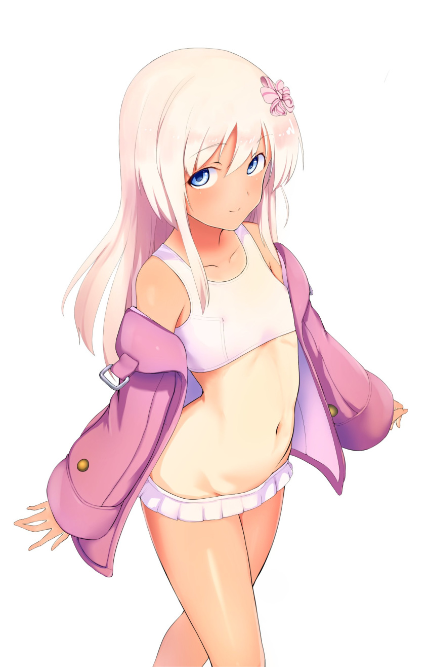 1girl absurdres bangs bare_shoulders bikini blue_eyes blush bow breasts closed_mouth commentary_request eyebrows_visible_through_hair groin hair_between_eyes hair_bow hair_ornament highres jacket kantai_collection long_hair long_sleeves looking_at_viewer moose_(moosemitchell2) navel off_shoulder one-piece_tan ro-500_(kantai_collection) simple_background small_breasts smile solo stomach swimsuit swimsuit_under_clothes tan tanline white_background