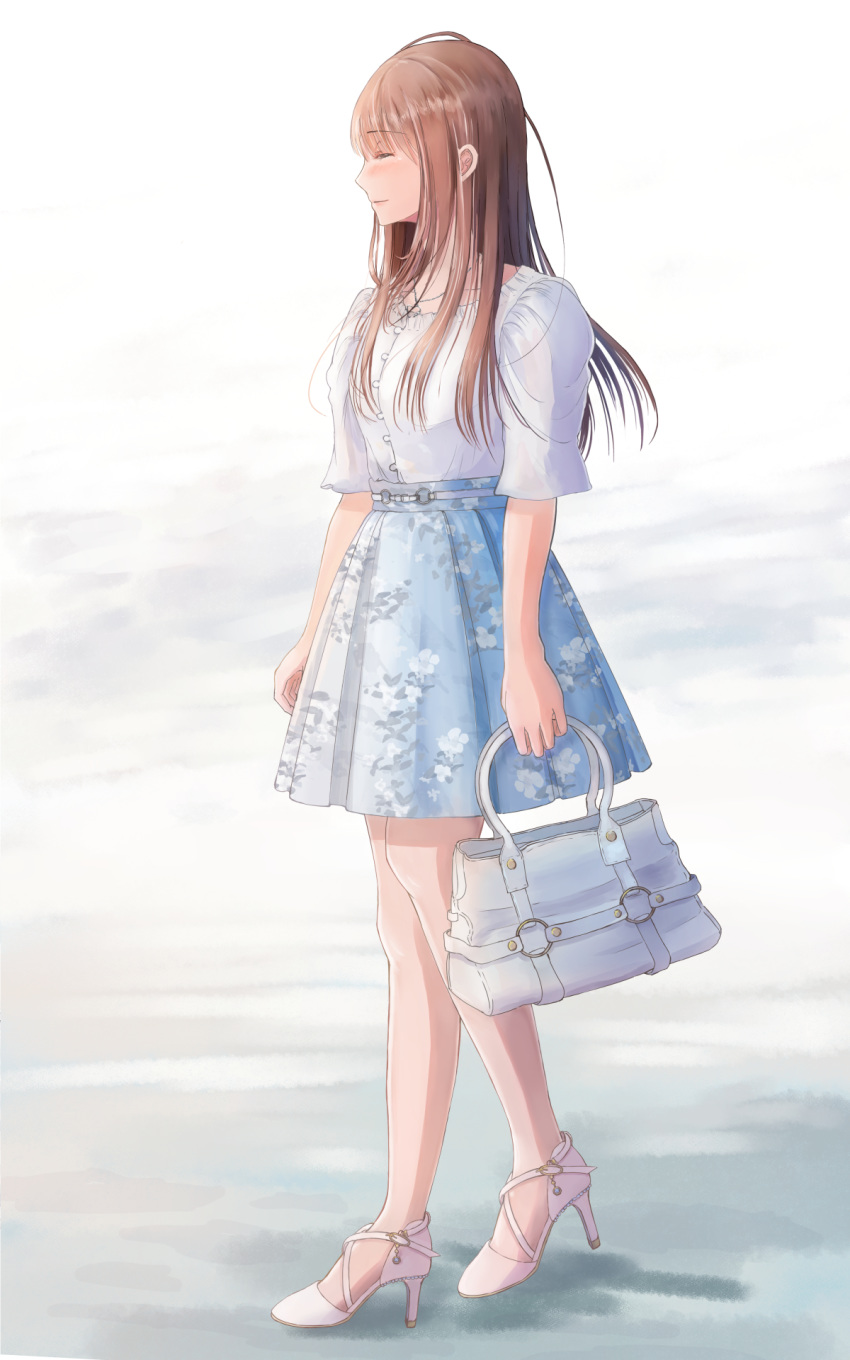 1girl bangs blue_skirt blush brown_hair closed_eyes eyebrows_visible_through_hair floral_print full_body gradient gradient_background heart heart_necklace high_heels highres jewelry kataguchi_iwashi long_hair long_sleeves necklace original pleated_skirt pocketbook shirt short_sleeves skirt smile solo white_footwear white_shirt