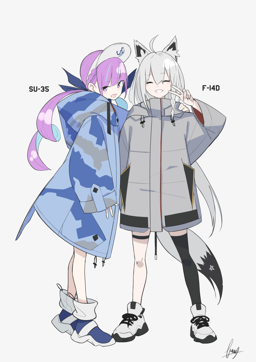 2girls absurdres ahoge alternate_costume anchor_symbol animal_ear_fluff animal_ears black_legwear blue_hair camouflage_hoodie closed_eyes commentary_request eyebrows_visible_through_hair fami_(yellow_skies) fox_ears fox_tail full_body grey_background grey_hair grin hand_on_another's_shoulder highres hololive hood hoodie long_hair long_sleeves looking_at_viewer maid_headdress minato_aqua multicolored_hair multiple_girls purple_hair shirakami_fubuki signature simple_background single_thighhigh smile standing tail thigh-highs thigh_strap two-tone_hair v violet_eyes virtual_youtuber