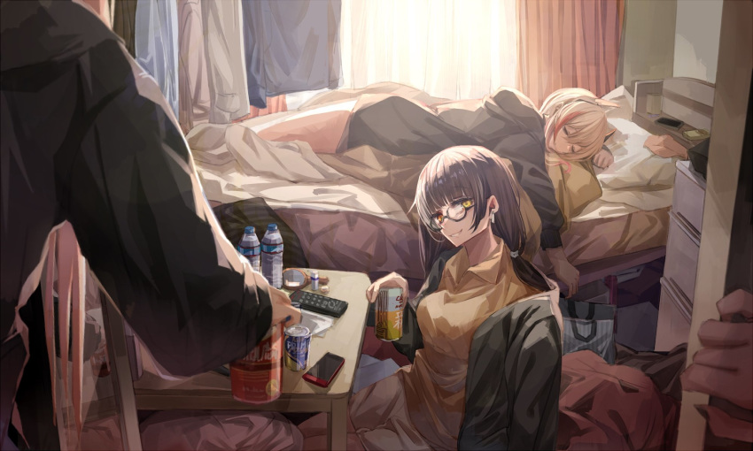 2boys 2girls animal_ears bangs blonde_hair blunt_bangs bottle brown_hair character_request closed_eyes earrings girls_frontline highres jewelry m4_sopmod_ii_(girls_frontline) miyabino_(miyabi1616) multiple_boys multiple_girls ro635_(girls_frontline) sleeping smile water_bottle yellow_eyes