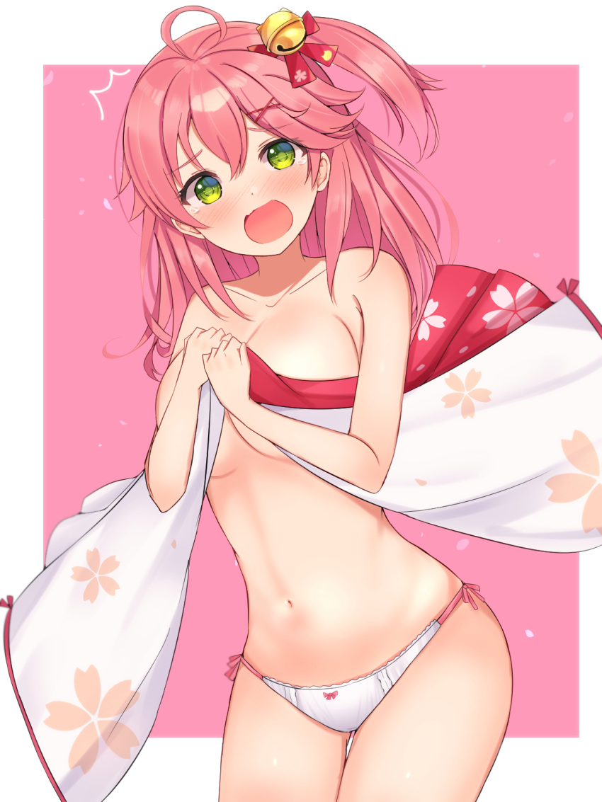 1girl ahoge bare_shoulders bell blush breasts cherry_blossom_print collarbone covering covering_breasts floral_print green_eyes hair_bell hair_ornament hairclip highres hololive long_hair looking_at_viewer mi_taro333 navel one_side_up open_mouth panties pink_background pink_hair sakura_miko tears under_boob underwear virtual_youtuber white_panties