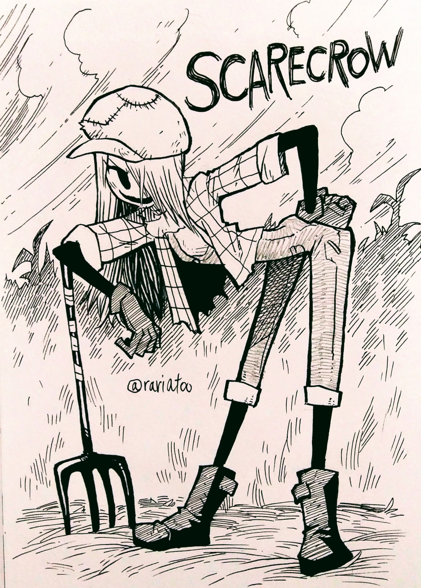1girl absurdres bent_over boots commentary english_commentary gloves greyscale hair_over_one_eye hand_on_hip hat highres ink_(medium) inktober long_hair looking_at_viewer monochrome one_eye_covered open_clothes open_shirt original pants pitchfork rariatto_(ganguri) scarecrow short_sleeves smile solo traditional_media twitter_username