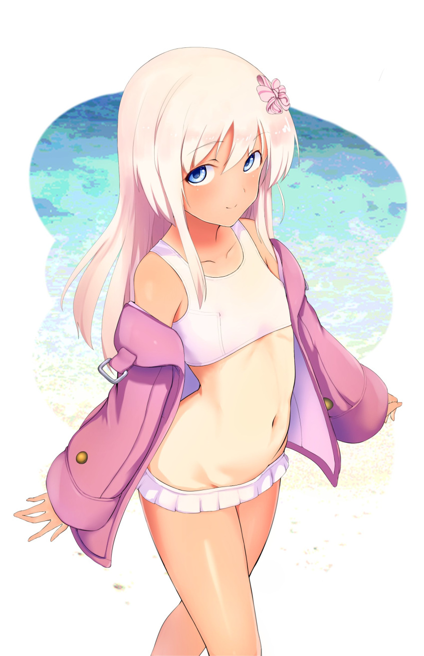 1girl absurdres bangs bare_shoulders bikini blue_eyes blush bow breasts closed_mouth commentary_request eyebrows_visible_through_hair groin hair_between_eyes hair_bow hair_ornament highres jacket kantai_collection long_hair long_sleeves looking_at_viewer moose_(moosemitchell2) navel off_shoulder one-piece_tan ro-500_(kantai_collection) simple_background small_breasts smile solo stomach swimsuit swimsuit_under_clothes tan tanline white_background