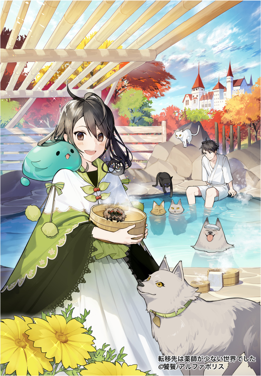 1boy 1girl :d animal autumn_leaves bangs black_cat black_hair blue_sky blush bow brown_eyes bug building cat closed_eyes clouds cloudy_sky commentary_request day dog dress flower green_bow hair_between_eyes highres holding japanese_clothes kimono long_sleeves looking_at_viewer misoni_comi official_art onsen open_mouth original outdoors partially_submerged pleated_dress sitting sky slime smile soaking_feet sparkle spider standing steam striped striped_bow tongue tongue_out towel towel_on_head tower translation_request tree upper_teeth watermark white_cat white_dress white_kimono wide_sleeves yellow_flower