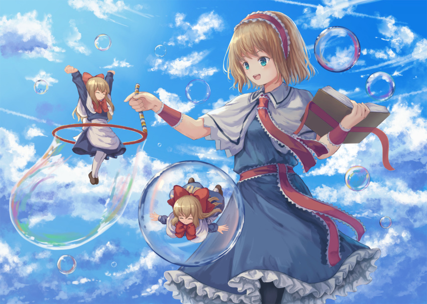 1girl :d alice_margatroid apron arms_up black_legwear blonde_hair blue_dress blue_eyes blue_sky book bow bowtie capelet clouds commentary cropped_legs day dress english_commentary feet_out_of_frame flying grimoire hair_bow hairband highres holding holding_book in_bubble lolita_hairband long_hair looking_down looking_to_the_side neck_ribbon ookashippo open_book open_mouth outdoors outstretched_arms pantyhose petticoat red_bow red_neckwear ribbon sash shanghai_doll short_hair sky smile soap_bubbles solo spread_arms standing touhou upper_teeth waist_apron white_capelet white_legwear wrist_cuffs