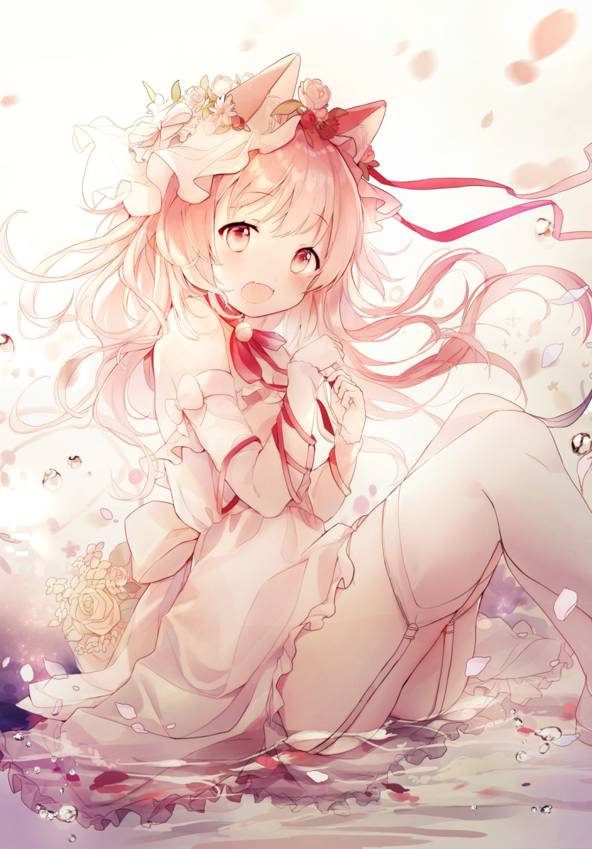 1girl :d amafuyu animal_ear_fluff animal_ears bare_shoulders blush cat_ears commentary_request detached_sleeves dress floating_hair flower frilled_dress frills garter_straps hair_flower hair_ornament highres knees_up long_hair long_sleeves looking_at_viewer neck_ribbon open_mouth original petals pink_hair red_neckwear red_ribbon ribbon rose shallow_water sitting sleeveless sleeveless_dress smile solo thigh-highs very_long_hair water white_dress white_flower white_legwear white_rose white_sleeves