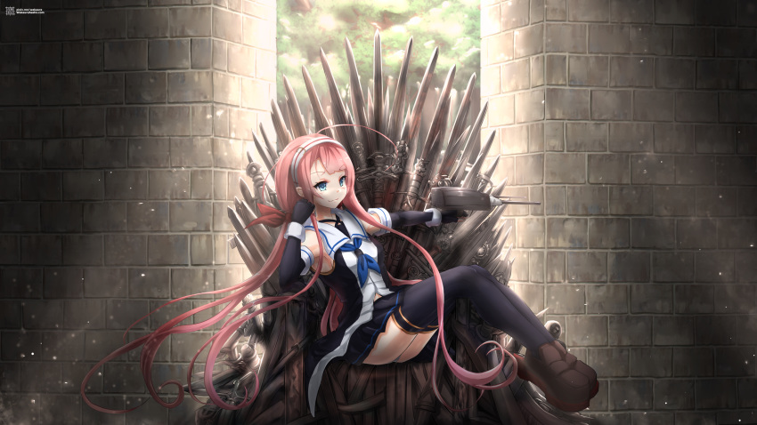 1girl absurdres ahoge asymmetrical_bangs bangs belt black_gloves black_legwear black_skirt blue_eyes cannon collared_shirt elbow_gloves fingerless_gloves game_of_thrones gloves hair_ribbon hairband highres iron_throne kantai_collection kawakaze_(kantai_collection) loafers long_hair low_twintails machinery neckerchief parody pleated_skirt pointy_ears redhead ribbon shirt shoes sidelocks skirt sleeveless sleeveless_shirt solo sukeban sword thigh-highs throne turret twintails very_long_hair wakaura_asaho weapon