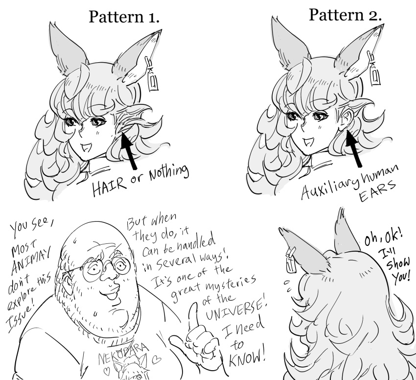 1boy animal_ears bald bb_(baalbuddy) commentary curly_hair earrings english_commentary english_text extra_ears fat fat_man ferry_(granblue_fantasy) flying_sweatdrops granblue_fantasy greyscale heart highres index_finger_raised jewelry long_hair monochrome nekopara original otaku shirt short_sleeves simple_background sweatdrop t-shirt white_background