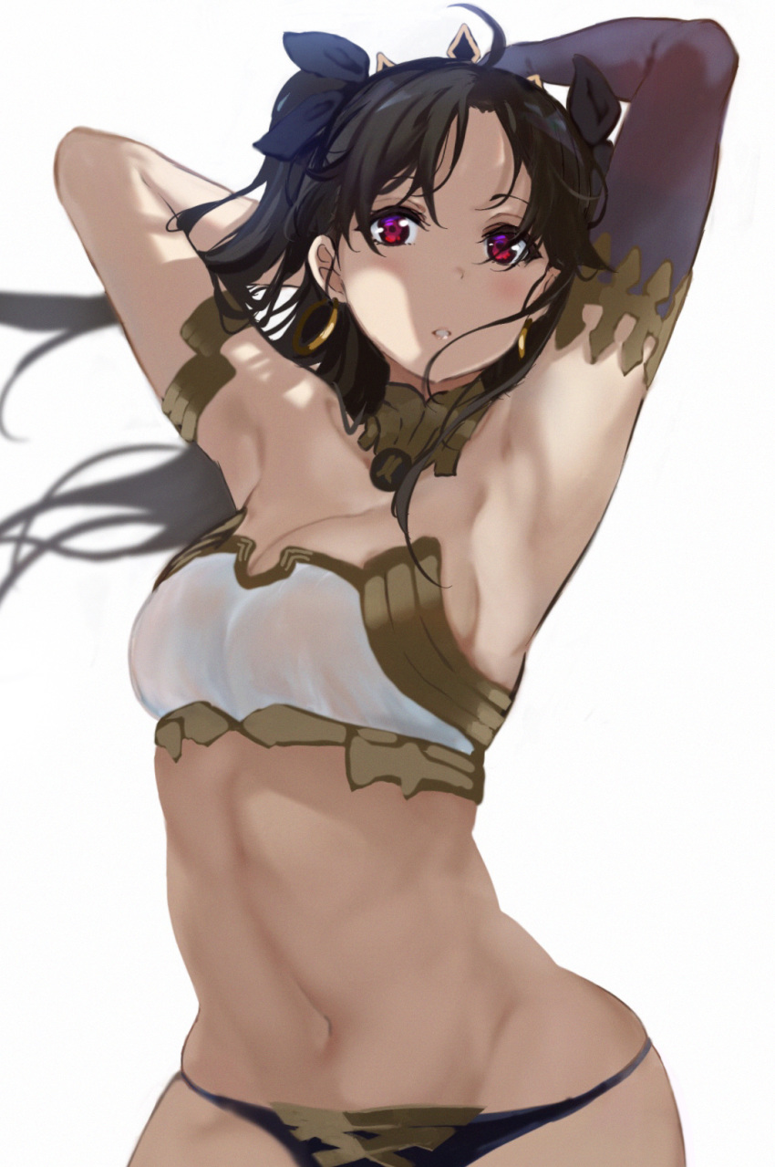 1girl armpits asymmetrical_clothes black_hair black_ribbon blush earrings fate/grand_order fate_(series) hair_ribbon highres icehotmilktea ishtar_(fate)_(all) ishtar_(fate/grand_order) jewelry long_hair looking_at_viewer red_eyes ribbon simple_background single_sleeve twintails white_background