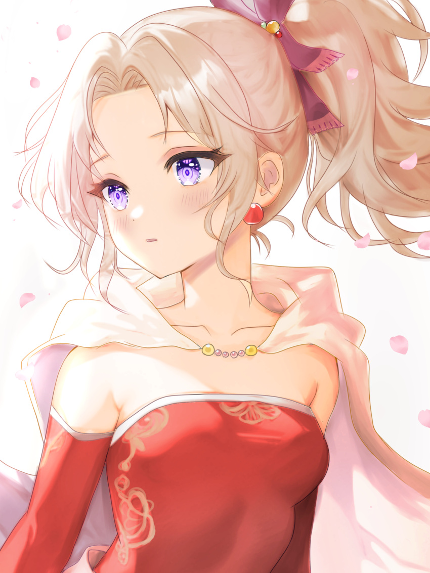 1girl blonde_hair cape collarbone detached_sleeves dress earrings final_fantasy final_fantasy_vi highres jewelry long_hair looking_to_the_side parted_lips petals ponytail red_dress solo strapless strapless_dress terra_branford upper_body violet_eyes white_background yua_666666