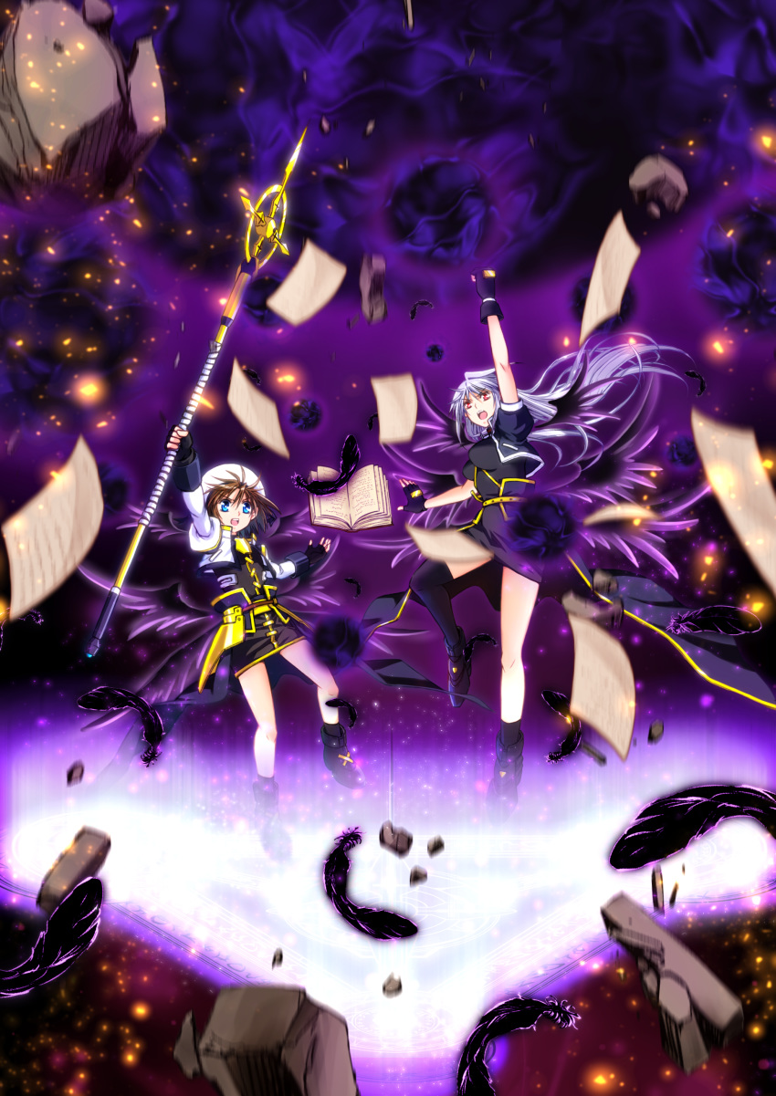 2girls absurdres arm_up armored_skirt beret black_dress black_footwear black_gloves black_jacket black_sky black_wings blue_eyes blurry blurry_foreground brown_hair debris depth_of_field dress feathers fingerless_gloves floating gloves hat highres holding holding_staff jacket lavender_hair leoheart light_particles long_sleeves looking_at_viewer lyrical_nanoha magic magic_circle magical_girl mahou_shoujo_lyrical_nanoha mahou_shoujo_lyrical_nanoha_a's mahou_shoujo_lyrical_nanoha_a's_portable:_the_battle_of_aces motion_blur multiple_girls open_mouth overskirt red_eyes reinforce rock schwertkreuz shoes short_dress short_sleeves staff tome_of_the_night_sky white_headwear white_jacket wings yagami_hayate