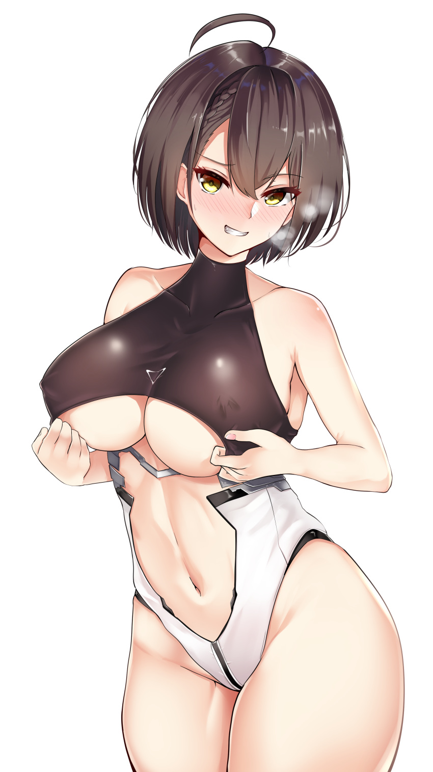 1girl absurdres adjusting_clothes adjusting_leotard ahoge azur_lane baltimore_(azur_lane) bangs bare_shoulders black_hair black_leotard blush braid breasts breath collarbone commentary covered_collarbone covered_nipples cowboy_shot eyebrows_visible_through_hair french_braid grin groin groin_tendon hair_between_eyes halterneck head_tilt highleg highleg_leotard highres large_breasts legs_together leotard looking_at_viewer masaki_nanaya naughty_face navel navel_cutout nose_blush parted_bangs shiny shiny_hair short_hair simple_background skin_tight smile solo standing stomach straight_hair sweatdrop taut_clothes taut_leotard thick_thighs thighs turtleneck under_boob underboob_cutout underbust white_background white_leotard yellow_eyes