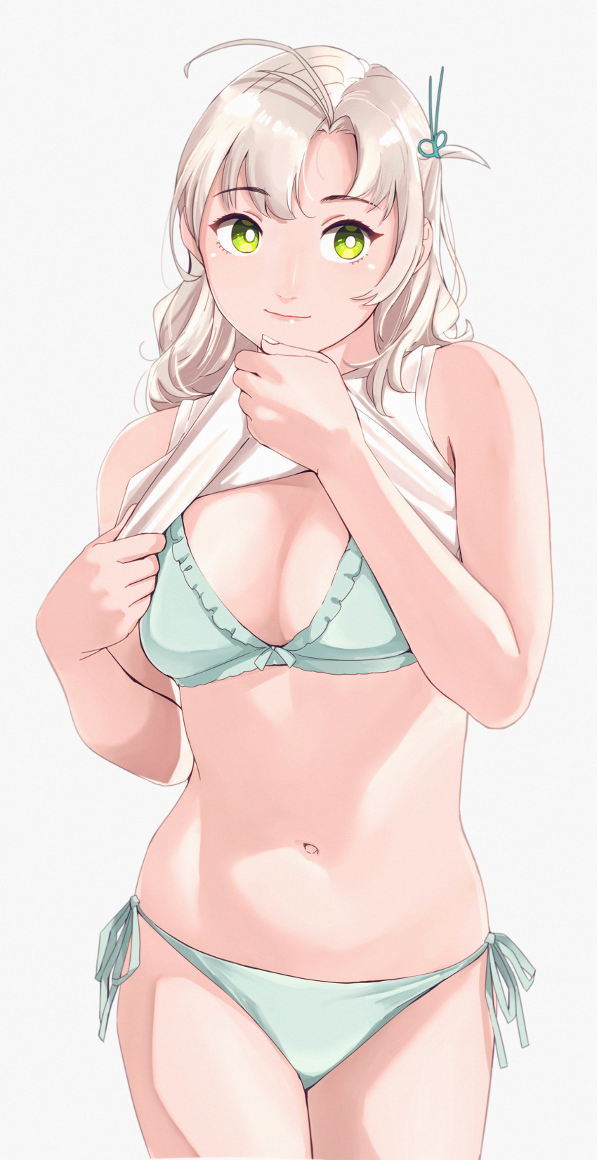 1girl absurdres alternate_costume antenna_hair bangs bare_arms bare_shoulders bikini blush breasts closed_mouth commentary cowboy_shot eyebrows_visible_through_hair frills green_eyes grey_hair hair_tie highres kantai_collection kinugasa_(kantai_collection) long_hair looking_at_viewer medium_breasts navel ojipon shirt shirt_lift side-tie_bikini simple_background sleeveless smile solo swimsuit symbol_commentary undressing