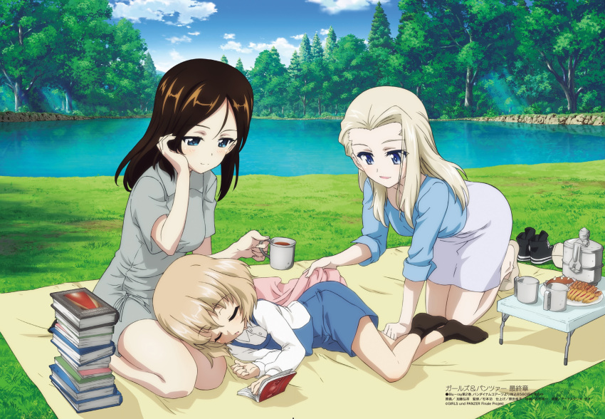 3girls bangs black_footwear blanket blonde_hair blue_eyes blue_shirt blue_sky book book_stack brown_footwear brown_hair clara_(girls_und_panzer) closed_eyes closed_mouth clouds coffee cookie cup day dress food girls_und_panzer girls_und_panzer_gekijouban grass grey_dress hand_in_hair highres holding holding_cup katou_hiromasa katyusha_(girls_und_panzer) kneeling light_rays long_hair lying medium_hair multiple_girls no_shoes nonna_(girls_und_panzer) official_art on_side open_book outdoors overalls parted_lips picnic pine_tree plate pond shirt sitting skirt sky sleeping smile table tree wariza water white_shirt white_skirt