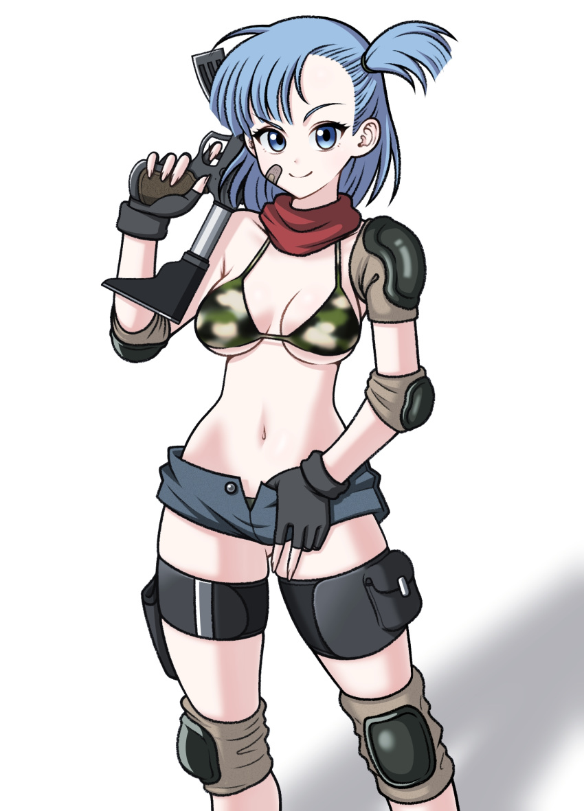 1girl asymmetrical_bangs bandaid bandaid_on_face bangs bikini blue_eyes blue_hair blue_shorts breasts bulma camouflage camouflage_bikini dragon_ball dragon_ball_(classic) elbow_pads eron fingerless_gloves gloves gun highres knee_pads long_hair looking_at_viewer machine_gun medium_breasts navel one_side_up open_clothes open_shorts raised_eyebrow red_scarf scarf short_shorts shorts shoulder_pads smile solo stomach swimsuit thigh_strap weapon