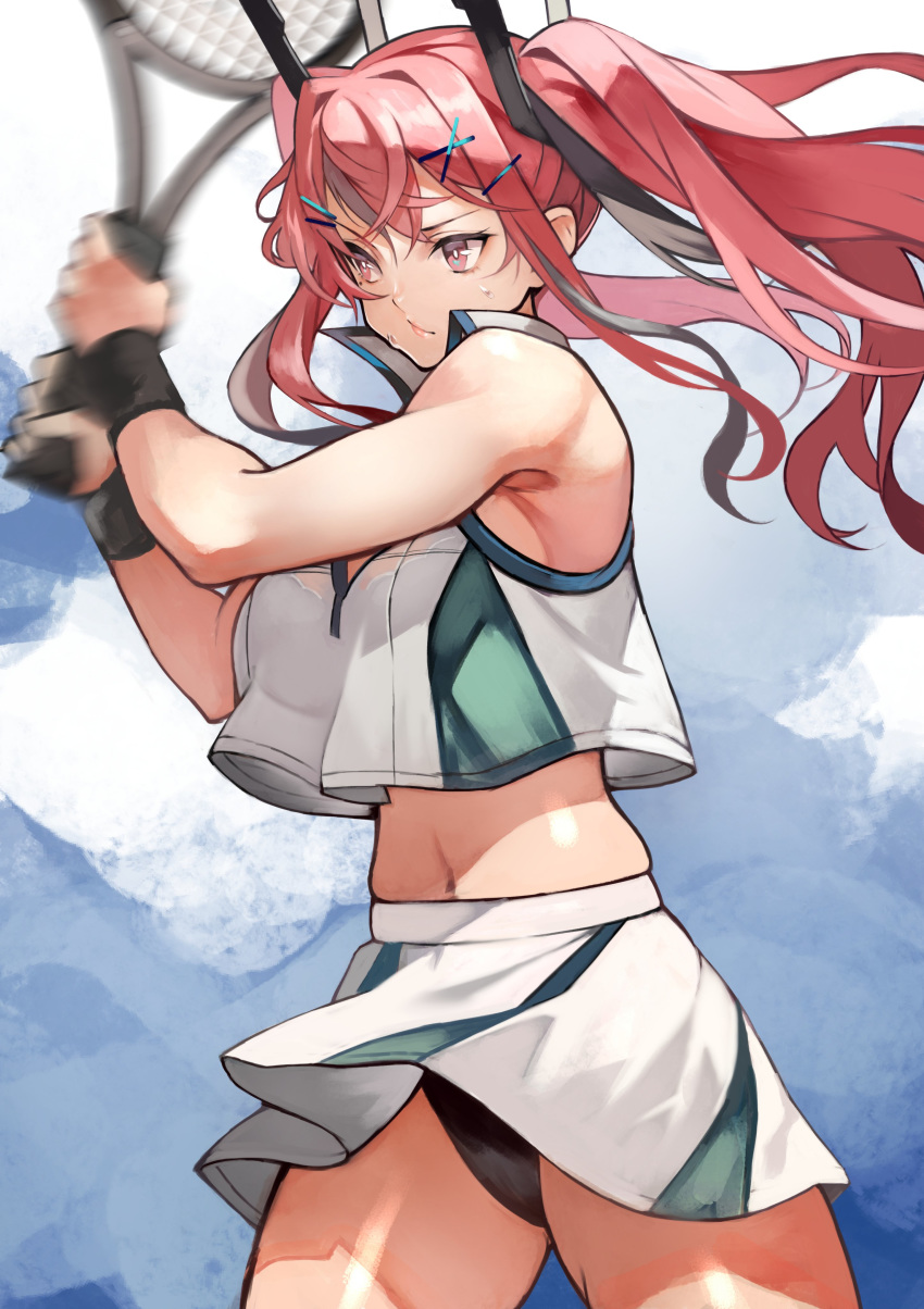 1girl 55level absurdres azur_lane bangs bare_shoulders bare_thighs black_panties blue_background breasts bremerton_(azur_lane) bremerton_(scorching-hot_training)_(azur_lane) closed_mouth collared_shirt cowboy_shot crop_top crop_top_overhang green_skirt grey_hair hair_between_eyes hair_intakes hair_ornament hairclip highres holding_racket large_breasts long_hair looking_to_the_side midriff mole mole_under_eye motion_blur multicolored_hair navel panties pantyshot pantyshot_(standing) pink_eyes pink_hair racket shirt sidelocks simple_background skirt sleeveless sleeveless_shirt solo sportswear standing streaked_hair sweat tennis tennis_racket tennis_uniform twintails two-tone_hair two-tone_skirt underwear white_shirt white_skirt wind wind_lift wristband
