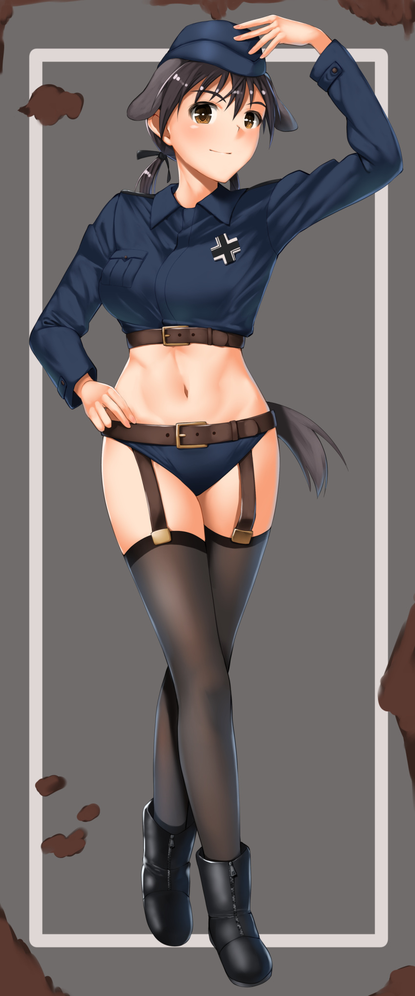 1girl absurdres animal_ears belt black_legwear blue_shorts blush breasts brown_eyes brown_hair closed_mouth dog_ears dog_tail eyebrows_visible_through_hair garter_straps gertrud_barkhorn grey_background groin hair_ornament hair_ribbon hand_on_hip hat highres hiroshi_(hunter-of-kct) looking_at_viewer medium_breasts micro_shorts midriff military military_hat military_uniform navel ribbon shiny shiny_hair short_hair shorts simple_background smile solo strike_witches tail thigh-highs twintails uniform world_witches_series