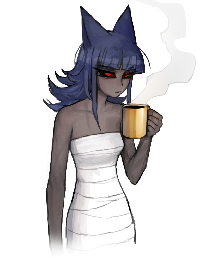 1girl absurdres animal_ears bandages bangs bare_arms bare_shoulders black_sclera blue_hair blunt_bangs cat_ears coffee coffee_mug collarbone cup dark_skin frown ghastet glaring highres holding holding_cup long_hair looking_at_viewer matilda_fiship mug original red_eyes simple_background solo steam white_background
