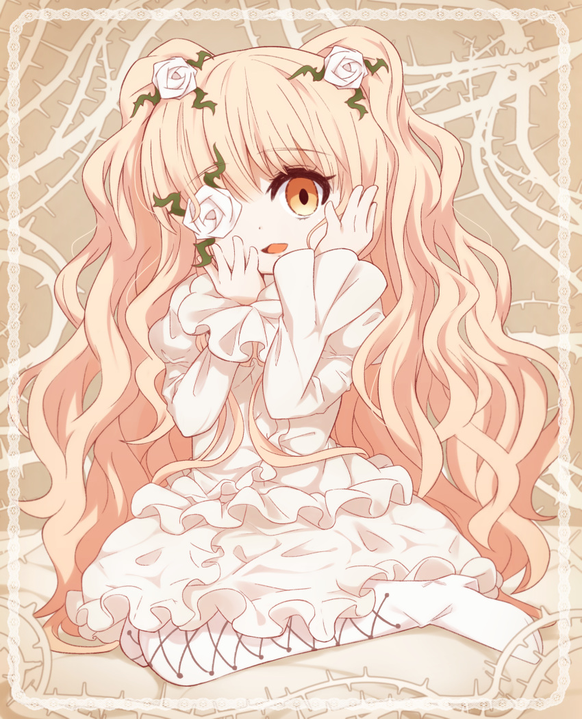 1girl absurdres blonde_hair boots brown_background brown_eyes cross-laced_footwear dress flower flower_over_eye frilled_dress frills hands_on_own_face hands_up high_heel_boots high_heels highres juliet_sleeves kirakishou lace-up_boots long_hair long_sleeves looking_at_viewer puffy_sleeves rose rozen_maiden sitting solo thigh-highs thigh_boots thorns two_side_up very_long_hair wariza wavy_hair white_dress white_flower white_footwear white_legwear white_rose yuya090602