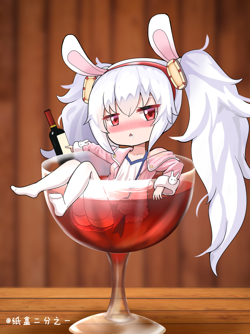 1girl absurdres alcohol animal_ears azur_lane bangs blurry blurry_background blush bottle camisole chibi collarbone commentary_request cup drinking_glass drooling drunk eyebrows_behind_hair fake_animal_ears full_body fur-trimmed_jacket fur_trim hair_between_eyes hair_ornament hairband highres holding holding_bottle jacket laffey_(azur_lane) long_hair long_sleeves looking_at_viewer no_shoes nose_blush off-shoulder_jacket open_clothes open_jacket partially_submerged pink_jacket pleated_skirt rabbit_ears red_eyes red_hairband red_skirt shadow sidelocks single_bare_shoulder skirt solo thigh-highs triangle_mouth twintails twitter_username very_long_hair white_camisole white_hair white_legwear wine wine_bottle wine_glass wooden_table zhihe_er_fen_zhiyi