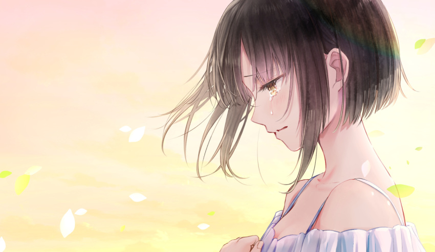 1girl akasaka_asa backlighting bangs bare_shoulders blush bra_strap brown_hair collarbone commentary_request crying crying_with_eyes_open day eyebrows_visible_through_hair from_side hand_on_own_chest lens_flare looking_away looking_down orange_sky original outdoors parted_lips petals pink_sky sad short_hair sidelocks sky solo sunlight tears upper_body wind yellow_eyes yellow_sky